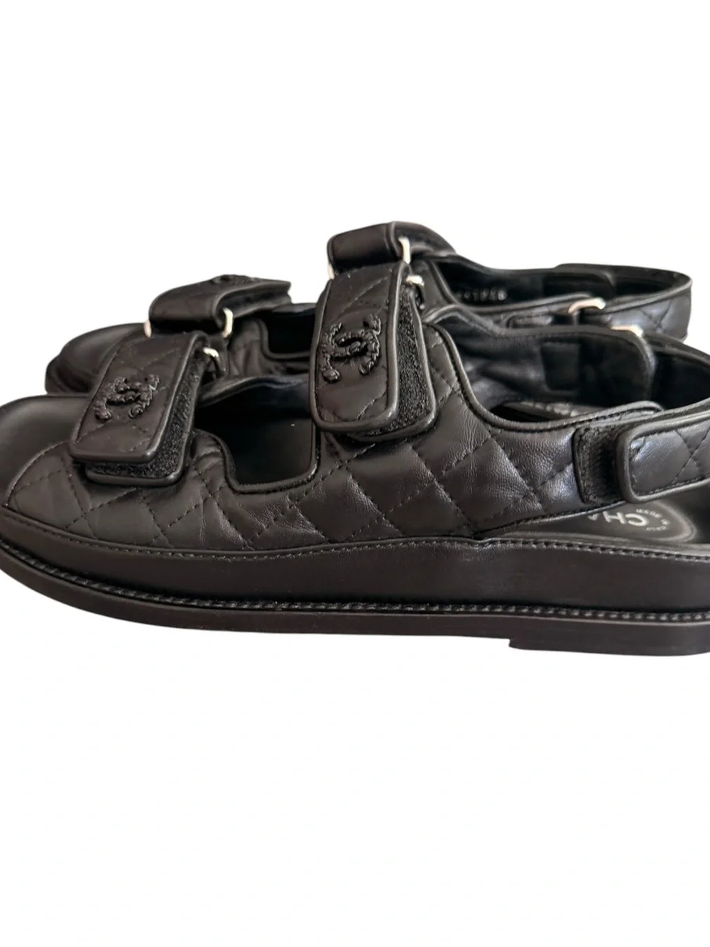 CHANEL Black Quilted Leather Kids Double-Strap Sandals